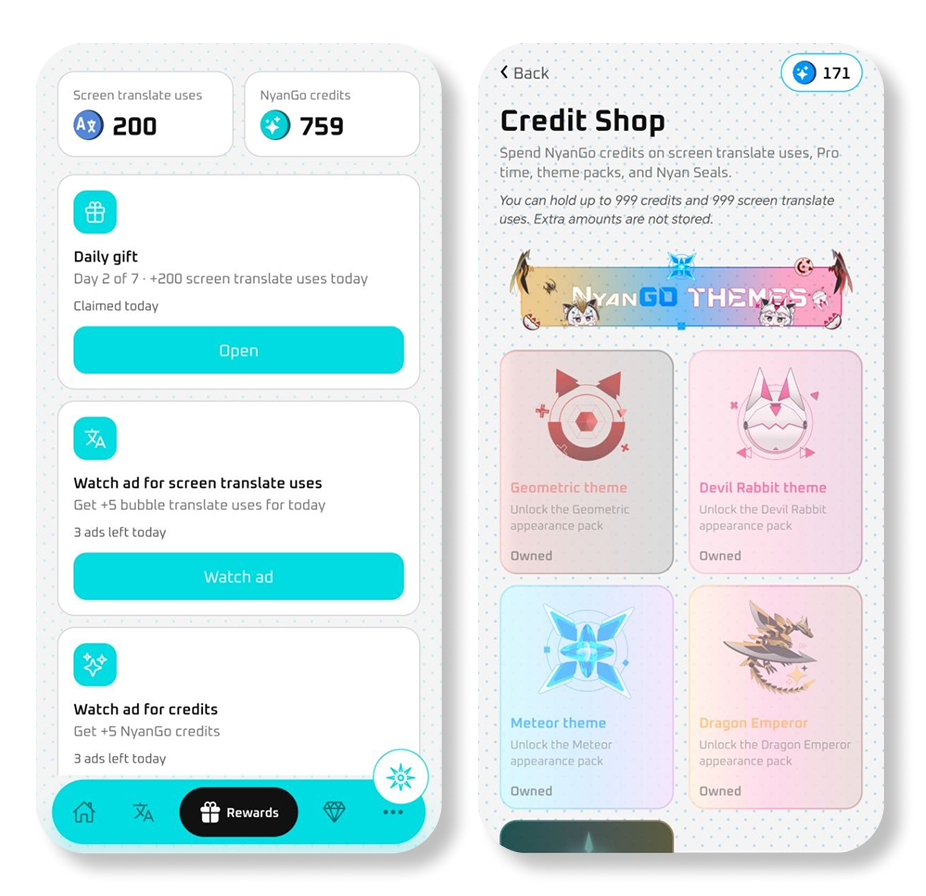 Rewards and credit shop preview